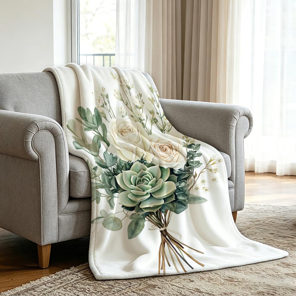 HUNXIAOJ Botanical Throw Blanket Green Leaves Blanket Plant and Floral Decor Botanical Bedding Warm Soft Flannel for Bed Sofa Couch (49in x 59in)