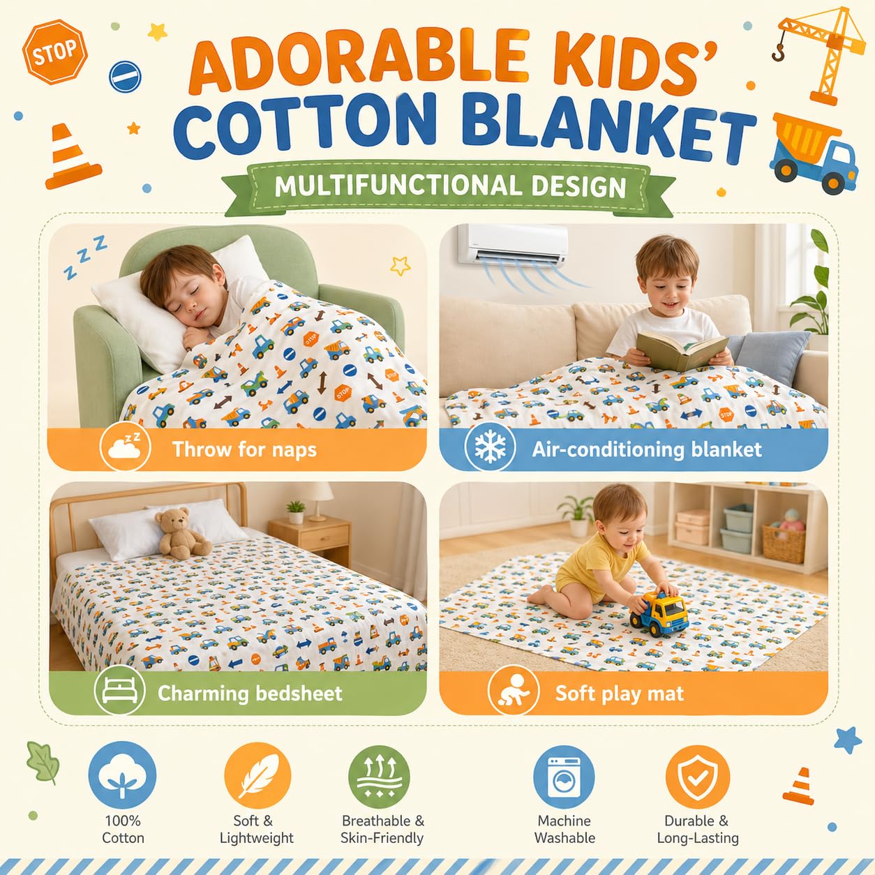 Kids Throw Blanket – Soft Cotton Toddler Blanket with Construction Vehicles Puzzle Pattern, Lightweight Breathable Bed Throw with Stitched Edges, 40 x 60 in (101.6 x 152.4 cm)