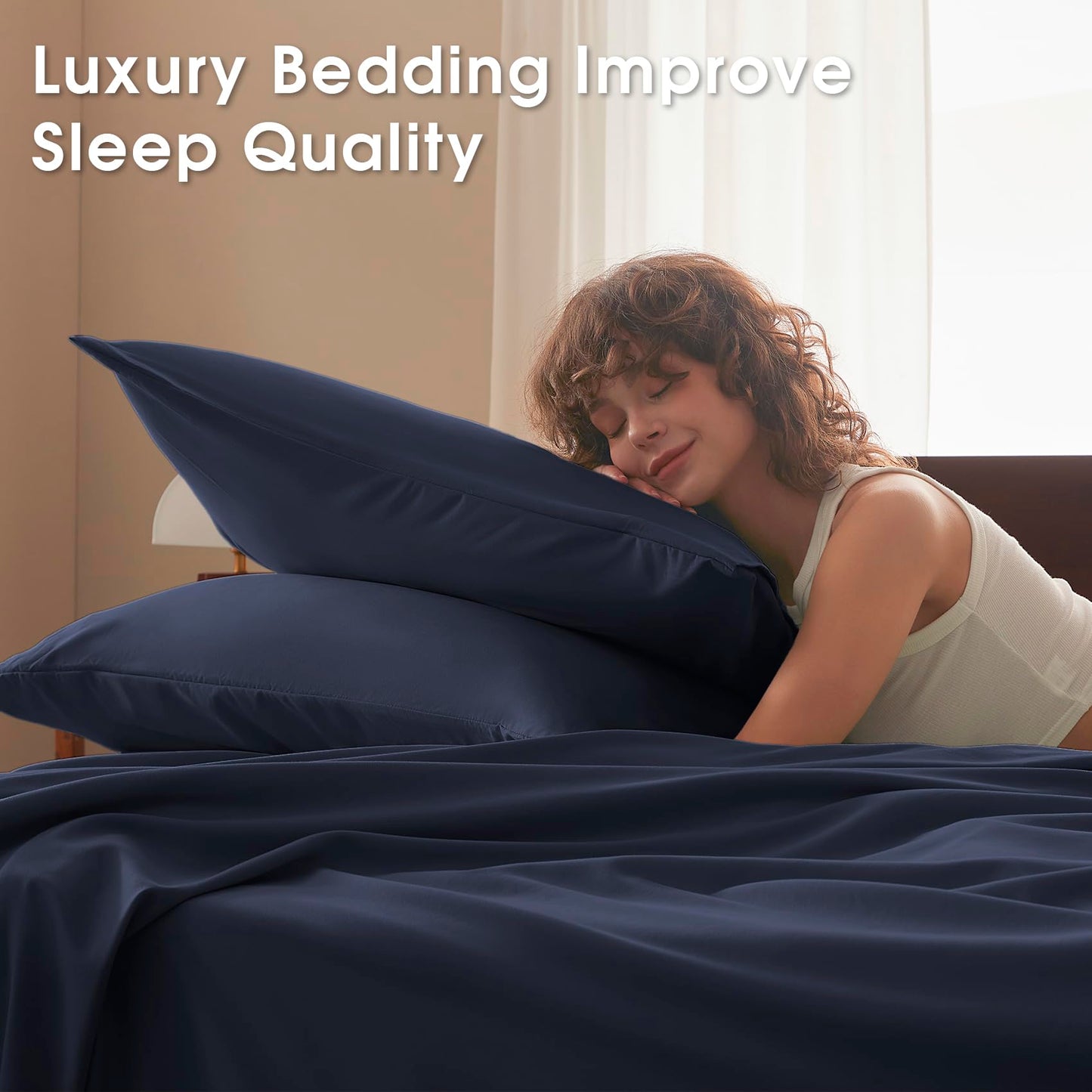 USXIBEI Queen Size 4 Piece Sheet Set - Comfy Breathable & Cooling Bed Sheets Set, Soft and Wrinkle Free, Deep Pockets, Easy & Secure Fit, Hotel Luxury Bedding - Oeko-Tex - Navy Blue
