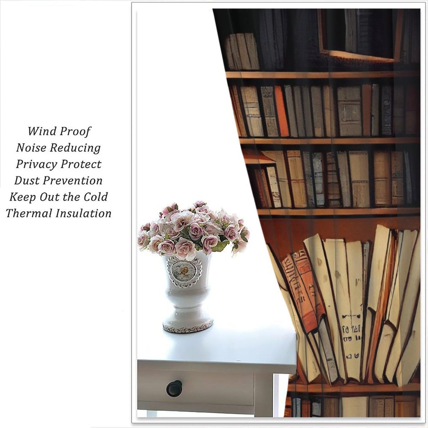 Nsbul Library Bookshelf Blakout Curtains Vintage Bookcase Retro Bookshelf Room Curtains Window Drapes for Bedroom Living Room, 42" W X 45" L (No Blackout)