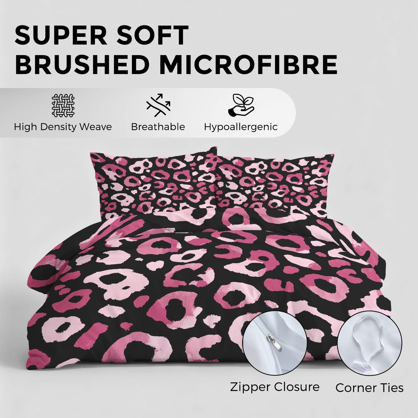 Hot Pink Cheetah Print Duvet Cover Queen, Wildlife Animal Print Bedding Set 3 Piece & 2 Pillowcases, Leopard Print Bedroom Decor, Reversible Soft Microfiber, Zipper Ties