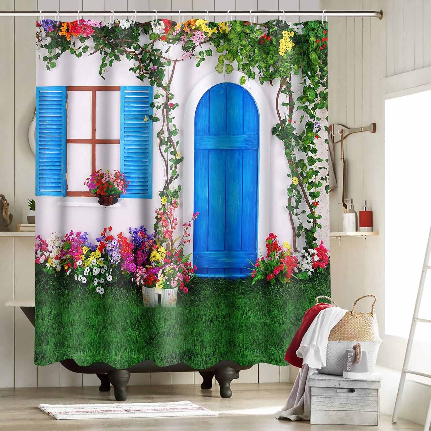 NTETSN Retro Floral Landscape Bath Curtain - Vintage Blue, 72x72 Inch Polyester Fabric with 12 Hooks