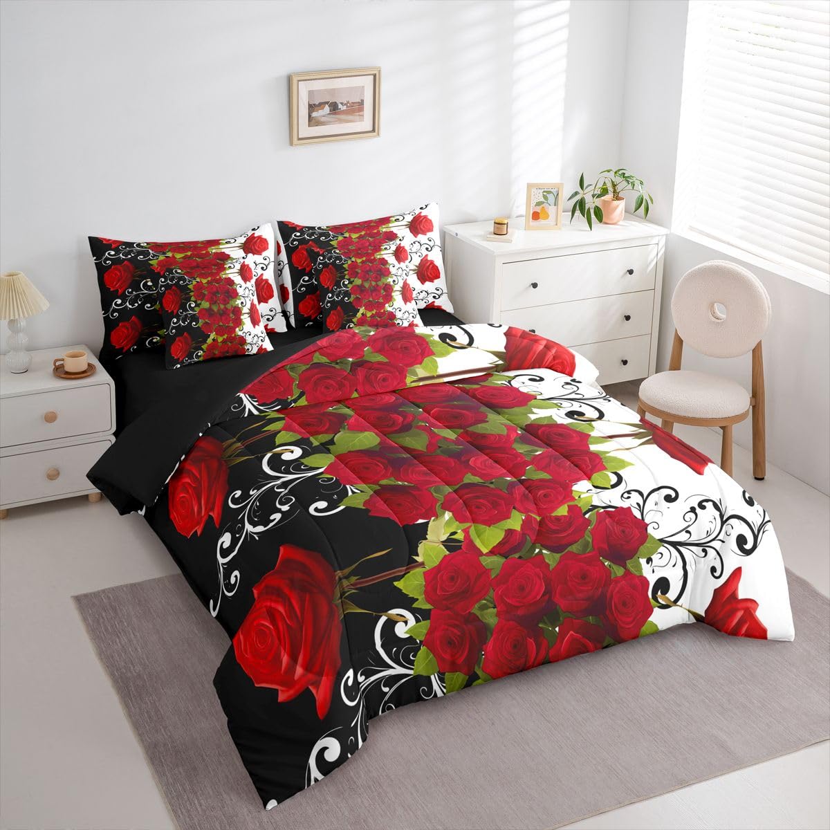 Erosebridal Valentine Roses Queen Comforter Set with Sheets 7 Piece Romantic Red Florals Bed in A Bag Valentine Day Gift Bedding Sets for Women Men Adults,Stylish Aesthetic Bed Set