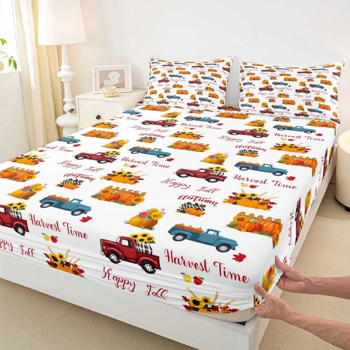 Happy Fall Bedding Set For Kids Queen Plaid Pumpkin Truck Bed Sheets Thanksgiving Harvest Season Sheet Set Autumn Sunflower Harvest Time Fitted Sheet Red Blue Orange Flat Sheet + 2 Pillow Cases