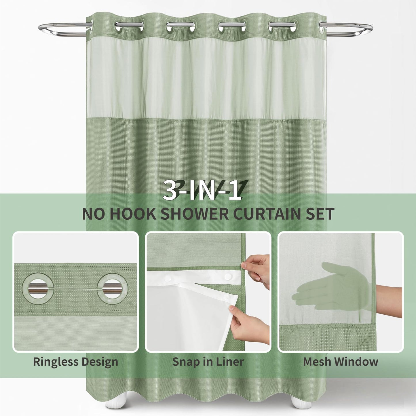 eachope Extra Long No Hook Shower Curtain with Snap-in Fabric Liner Set, Waffle Weave Shower Curtains for Bathroom,Hotel Luxury Decor Bathroom Curtain Set,Waterproof & Washable,71Wx86H,Sage Green