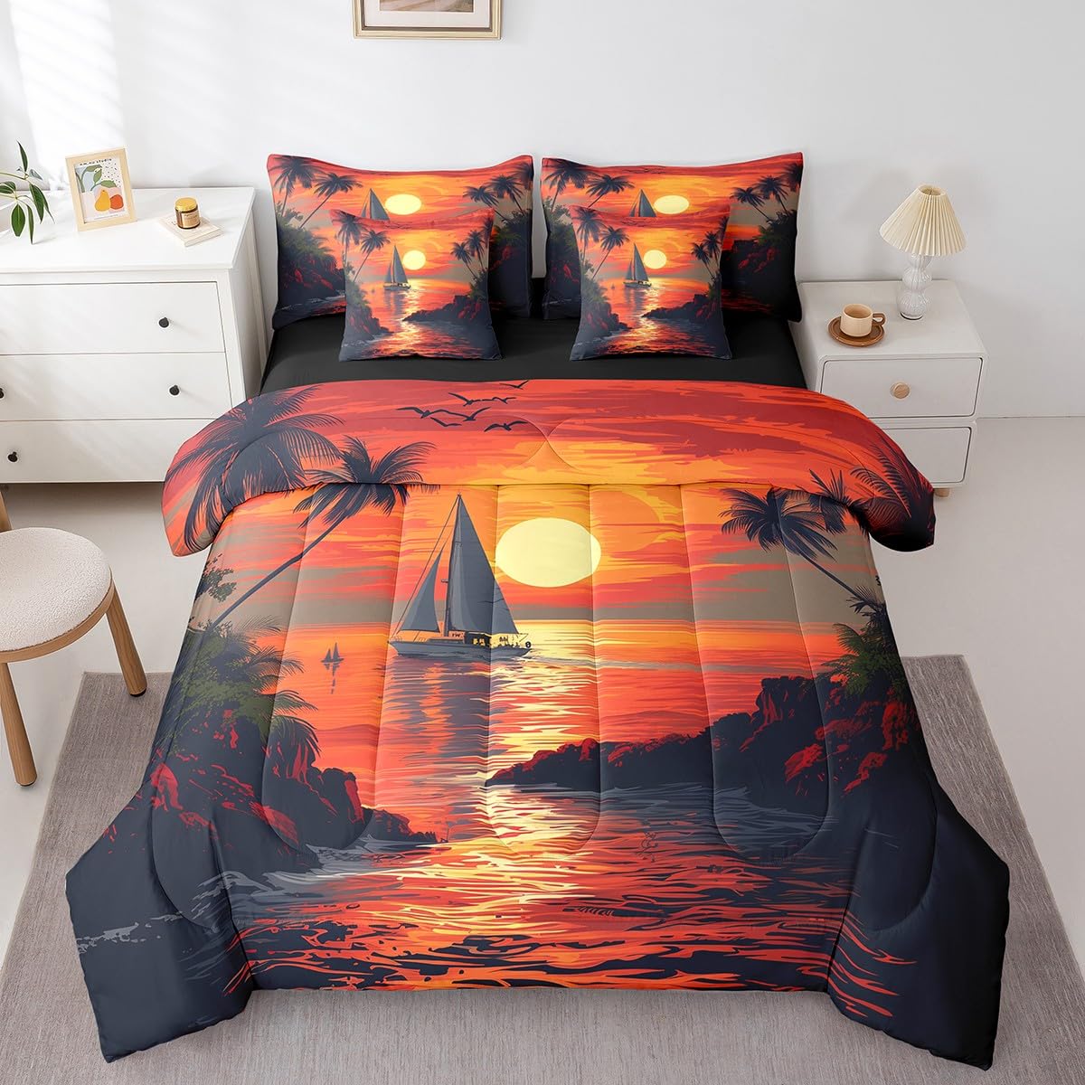 Erosebridal Hawaiian Beach Sunset Bedding Set for Kids Teen Adults,Summer Sea Ocean Twin Comforter Set 7 Piece Palm Tree Sailboat Bed in A Bag Red Retro Tropical Bed Set