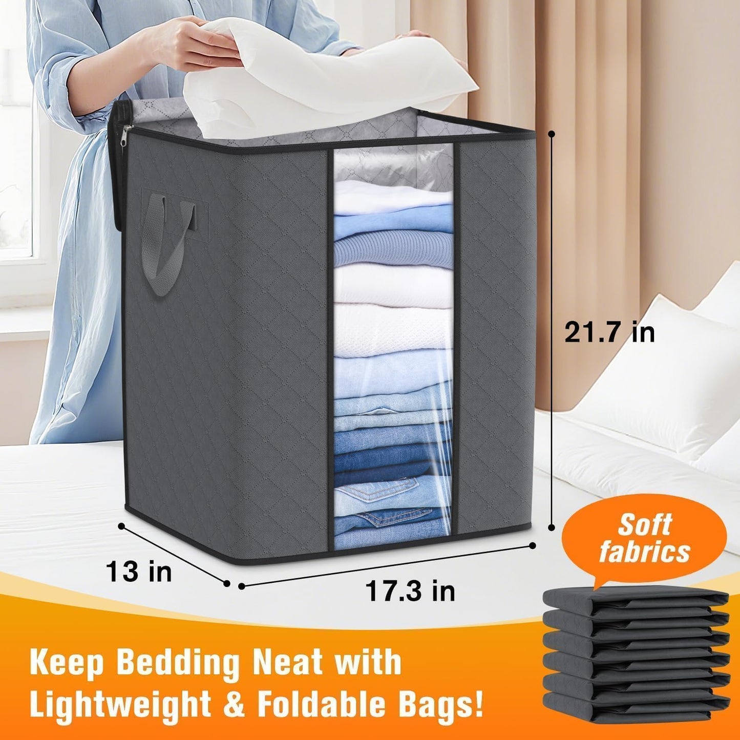 SpaceTrove Clothes Storage Bags, 6-Pack Comforter Blanket Organizers, 80L Large Capacity Containers with Visual Window for Clothing, Quilt, Sheet, Pillow, Closet Organization for Bedding (Grey)