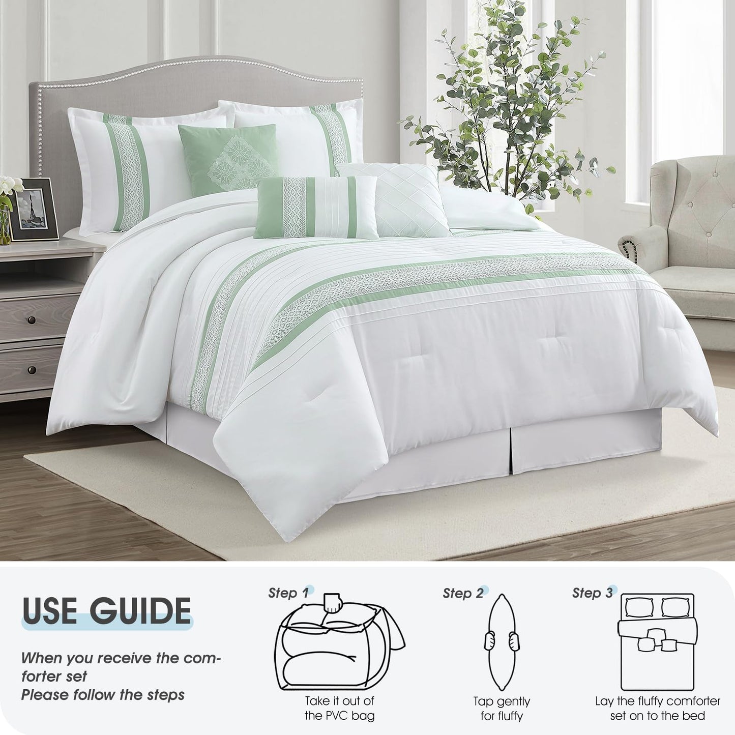 LANCO MODERN LIFESTYLE 7 Piece Comforter Set, Sage White, Queen Size, Boho Style Geometric Microfiber Embroidery, Bed in a Bag with Bedskirt, Pillow Shams and Decor Pillows