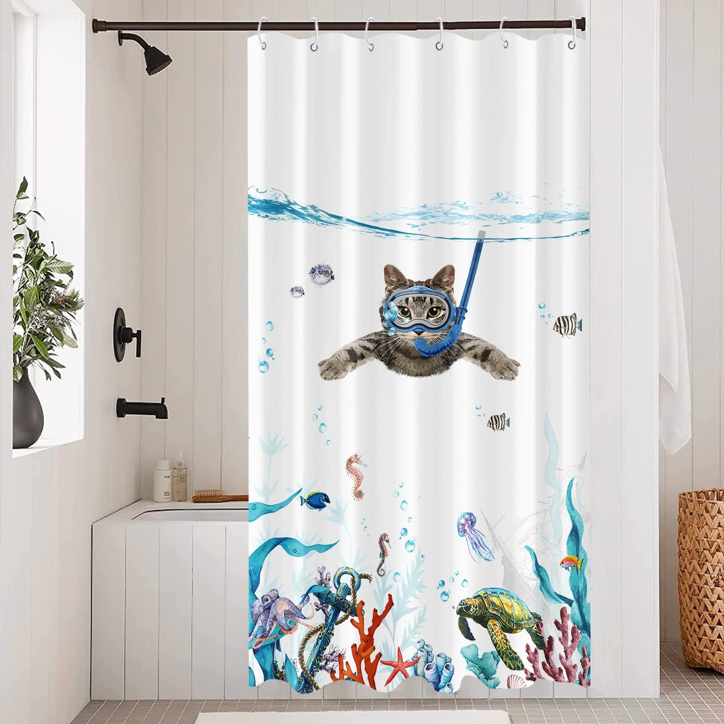 Fowocu Funny Cat Stall Shower Curtain Set Teal Blue Sea Ocean Waterproof Fabric Shower Curtains with Animal Octopus Starfish Turtle Anchor Fish Nautical Bathroom Curtain Decor (Blue, 36''×72'')