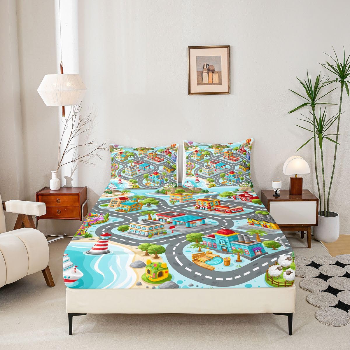 Manfei Coastal Town Map Fitted Sheet Set Road House Lighthouse Ocean Bedding Set for Kids Bedroom Seaside Interactive Cute Bed Sheet Set 3pcs Deep Pocket Mattress Cover,No Top Flat Queen Blue Black