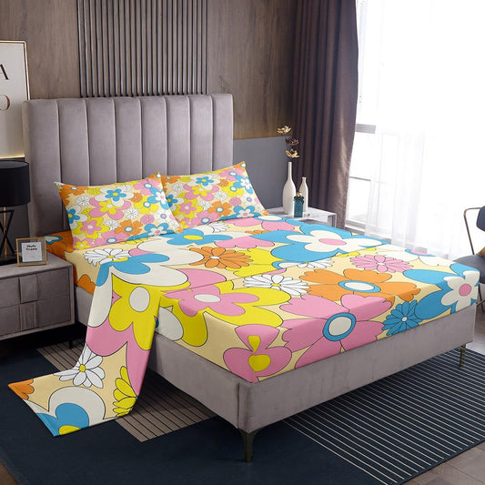 70S Groovy Flowers Bed Sheets Set Full Hippie Colorful Retro Floral Cute Bedding Set Vintage Garden Flower Sheet Set Pastel Botanical Hippy Fitted Sheet Aesthetic Flat Sheet + 2 Pillow Cases