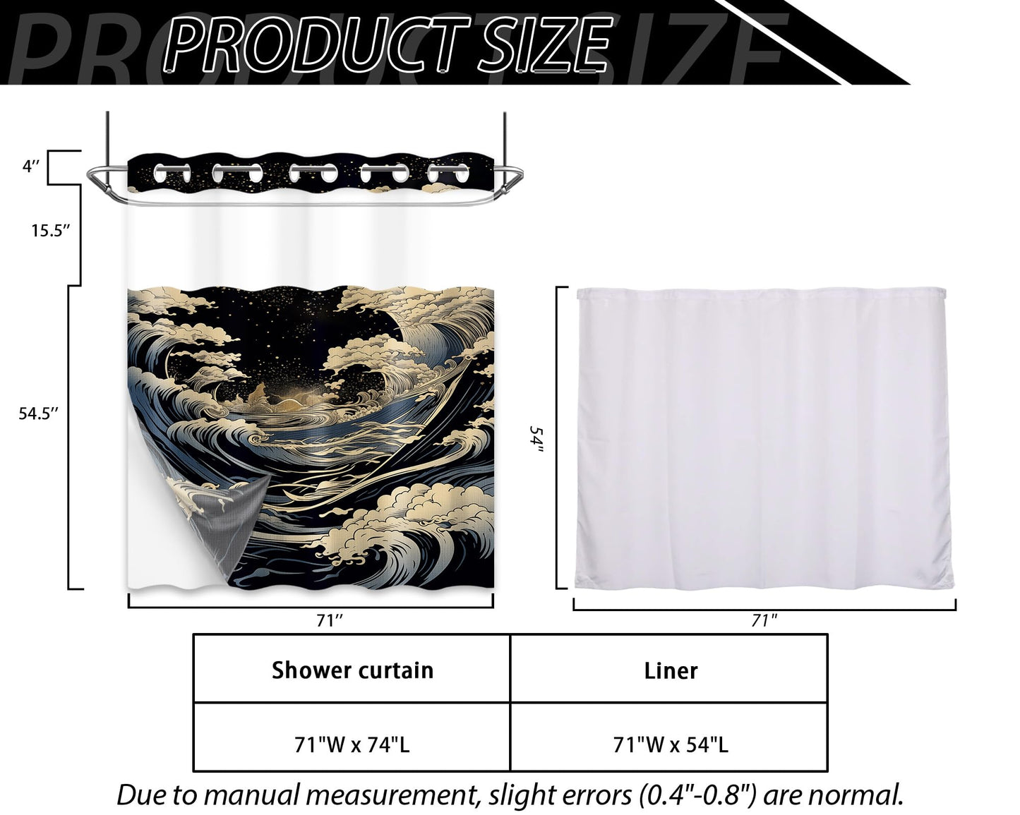 DLTAY Anime Hookless Shower Curtain, Japanese Great Waves, 71" W x 74" L