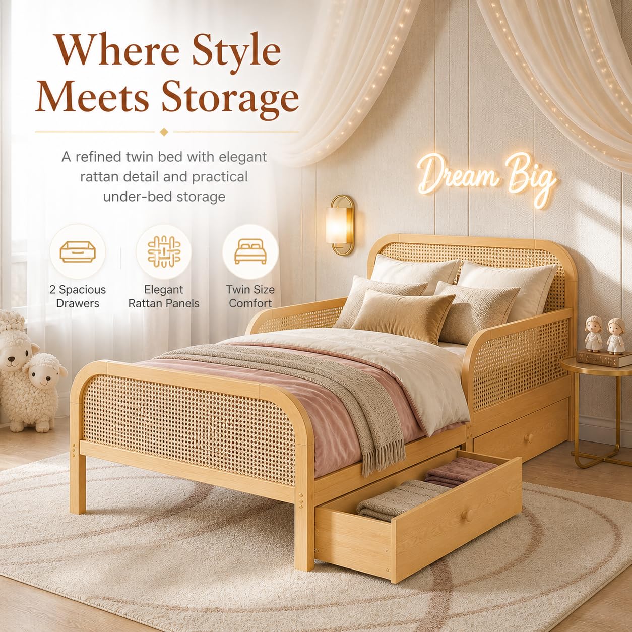 Duxelifin Full Kids Bed Frame with Storage Drawers,Rattan Wood Platform Bed with Headboard & Footboard, Low Profile Boho Daybed, No Box Spring Needed, Full Size Bed Frame for Boys Girls，Natural