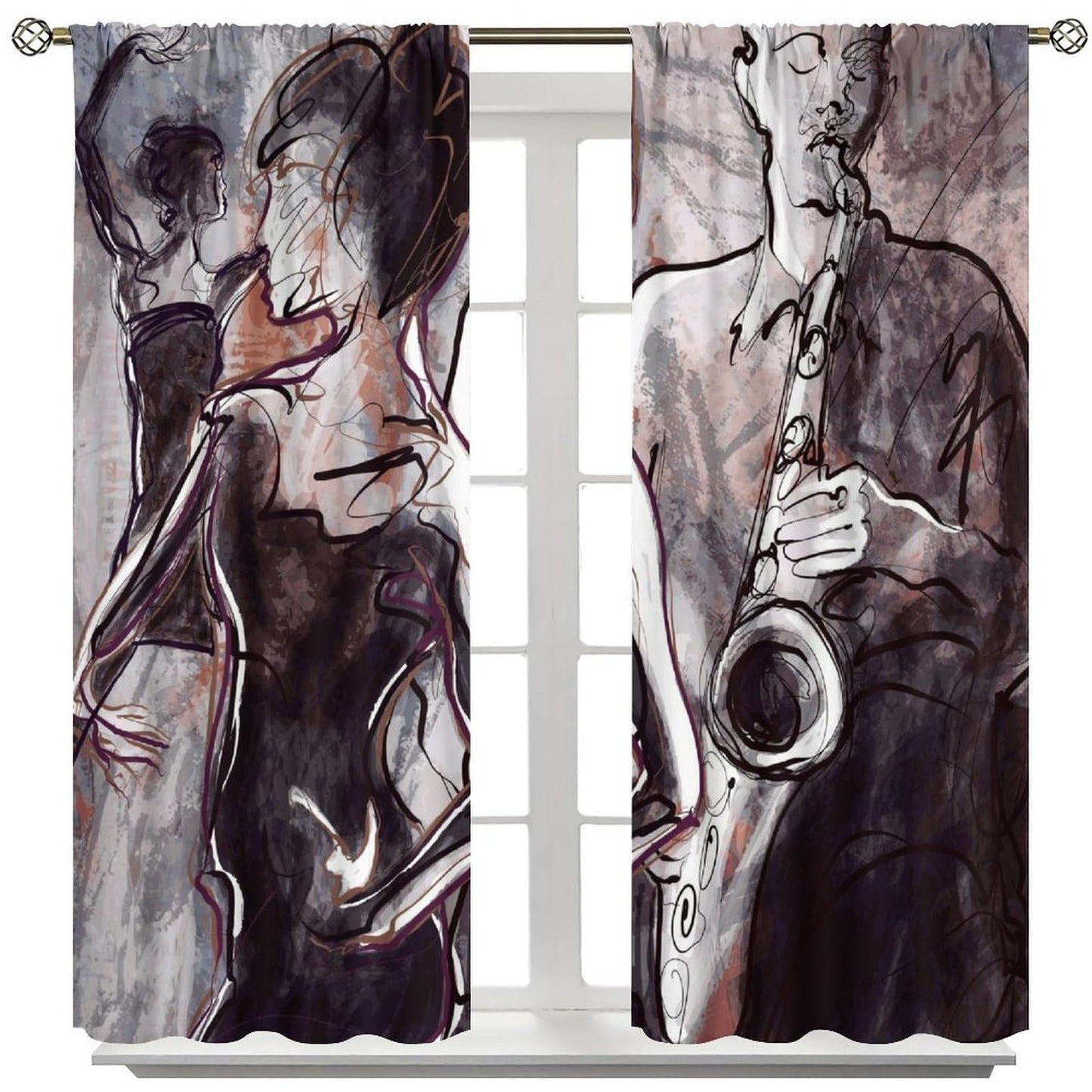 Abstract Black Woman Curtains, Modern Urban Art Hand Drawn Grey Brown Line Graffiti Musician Dancer Window Treatments, Blackout Rod Pocket Drapes For Living Room Bedroom Bathroom (21x45in)x2 Panels