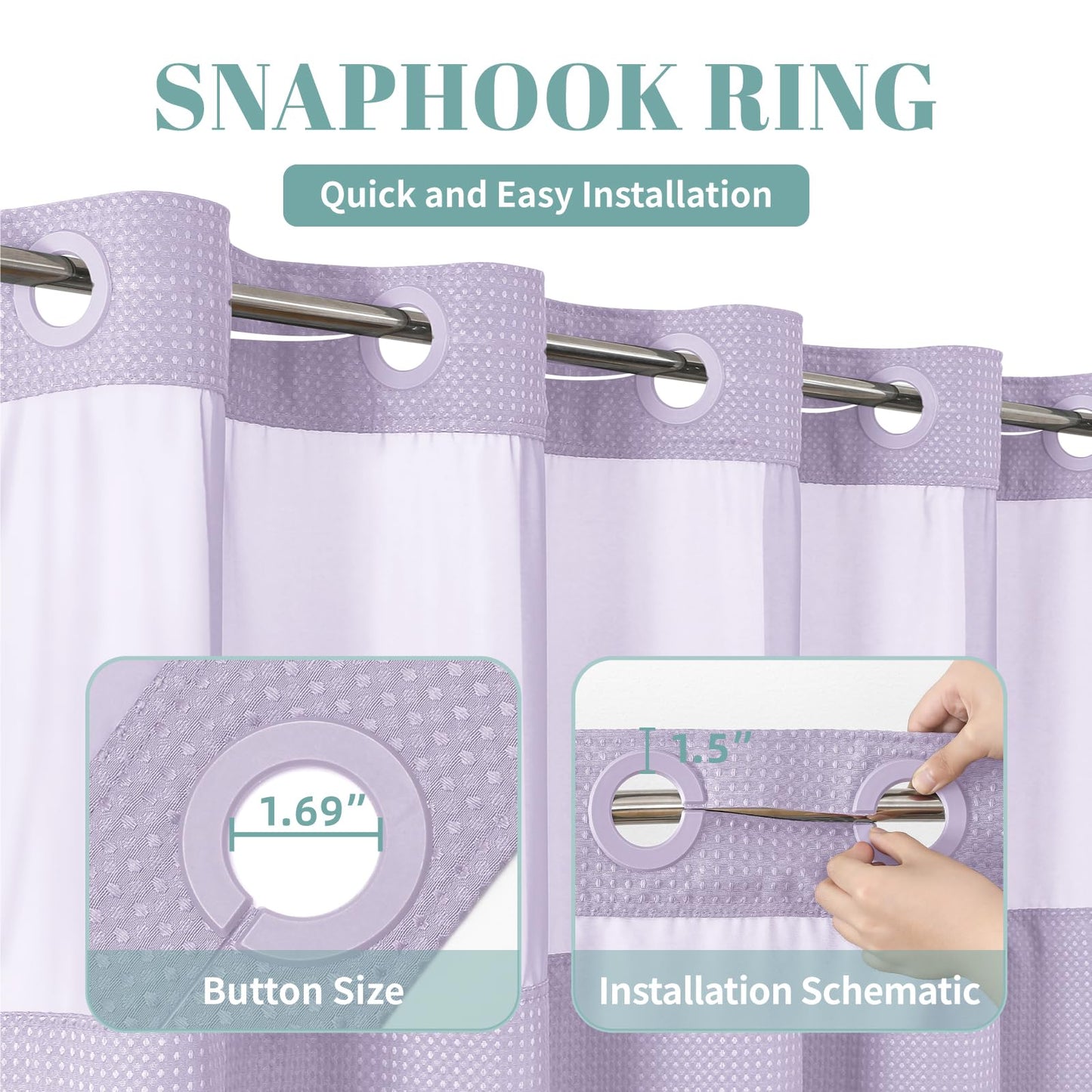 eachope Lavender No Hook Waffle Weave Shower Curtain with snap-in Liner Replacement, 230GSM Waterproof Fabric Hotel Shower Curtain Set for Bathroom, Through Mesh Top Window,71Wx74H