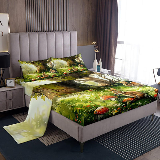 Castle Fairy Rabbit Bed Sheets Full Size,Red Mushroom Fitted Sheet for Kids Girls Boys Teens Room Decor,Wild Animals Plants Bedding Sets 4Pcs,Cartoon Nature Garden Top Flat Sheet,2 Pillowcases