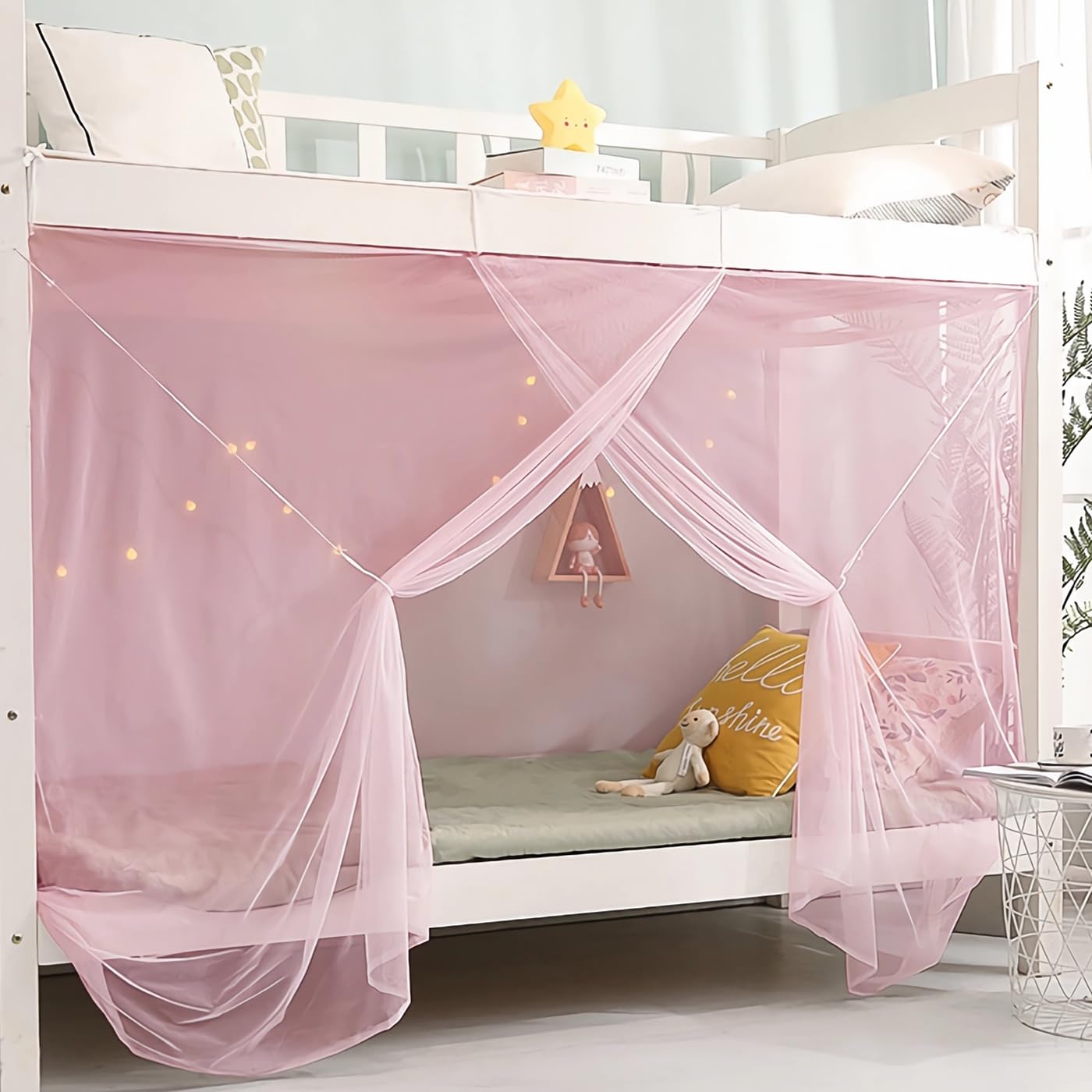 Eimilaly 8-Corner Bed Canopy Curtains for Girls, Boys, Dormitory, Loft Beds & Outdoor Camping, Fits 1.8M Single Bed - Pink