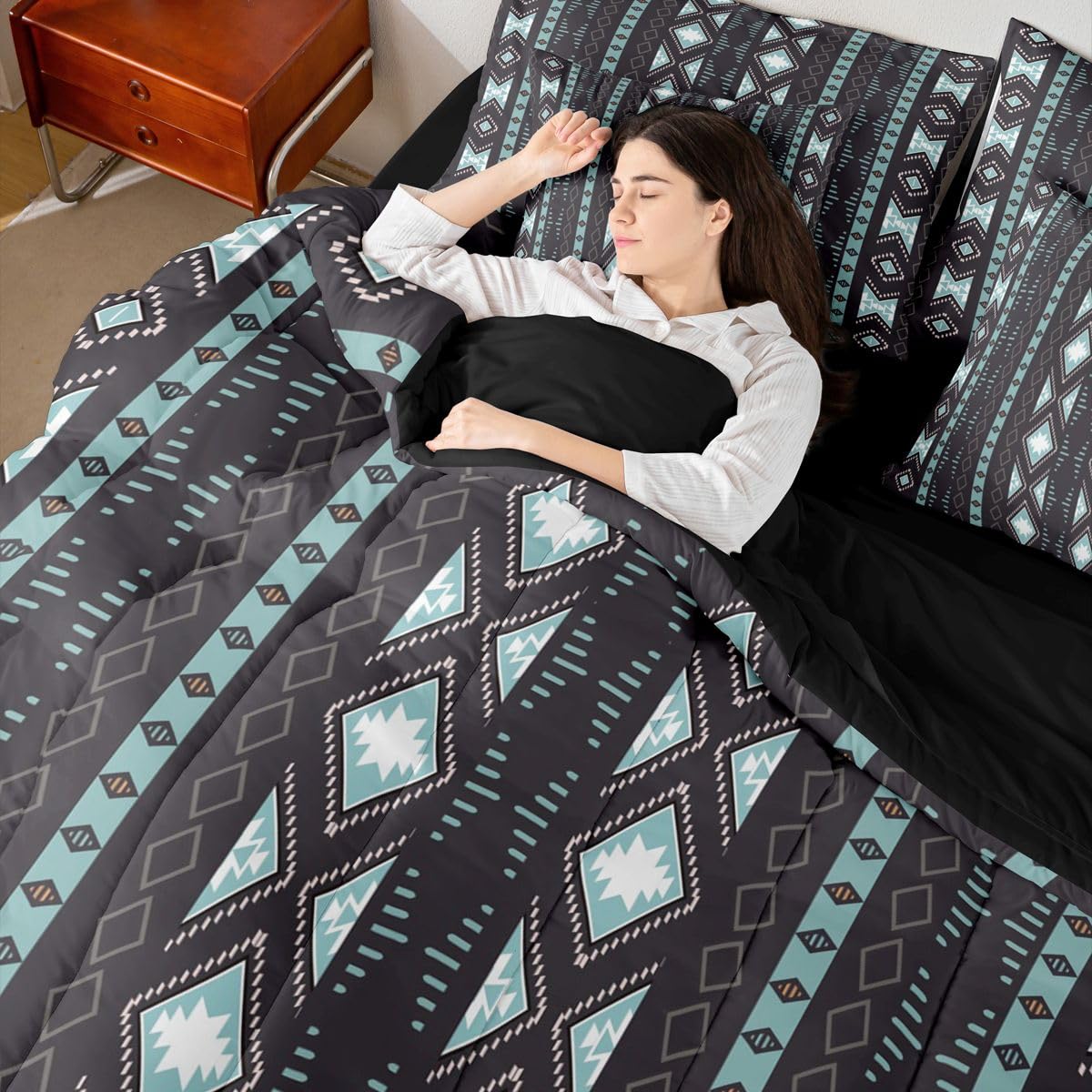 Bohemian Bed in a Bag Queen Comforter Set 7-Piece Boho Striped Aztec Bedding Sets Geometric Triangle Western Comforter and Sheet Set, Country Rustic Bed Sets Exotic Nordic Southwestern Decor,Black