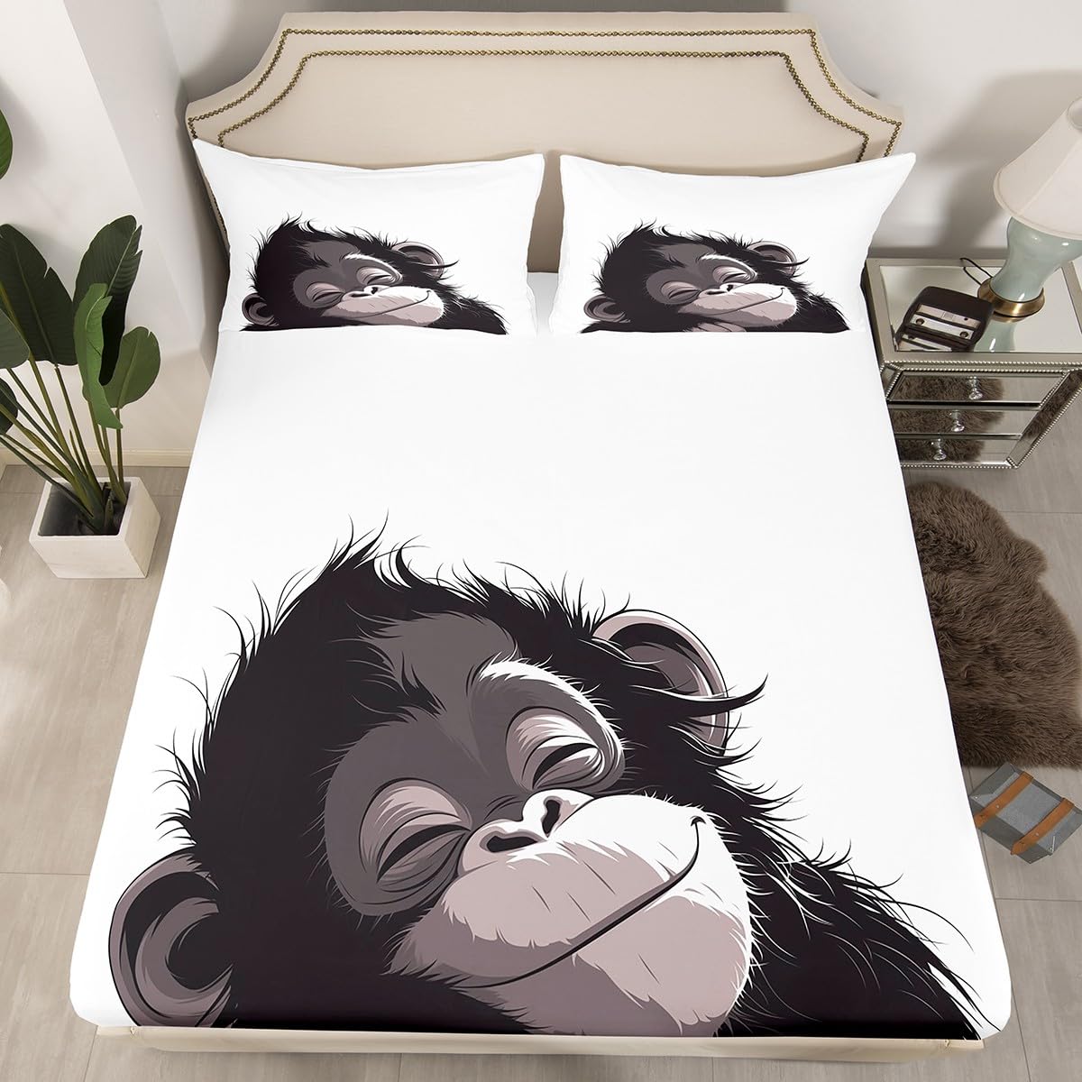 Erosebridal Gorilla Bed Sheets Set Cartoon Wildlife Sheets,Minimalist Sketch Sheet Set Full,Abstract Art Monkey Flat Sheet Wild Animals Cute Room Decor