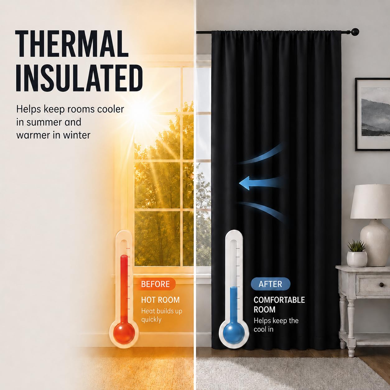 Gwine Black Blackout Curtains for Bedroom 63 Inch Length - Thermal Insulated Light Blocking Window Curtain Panels, Solid Room Darkening Drapes for Living Room, 2 Panels, Each W40 x L63