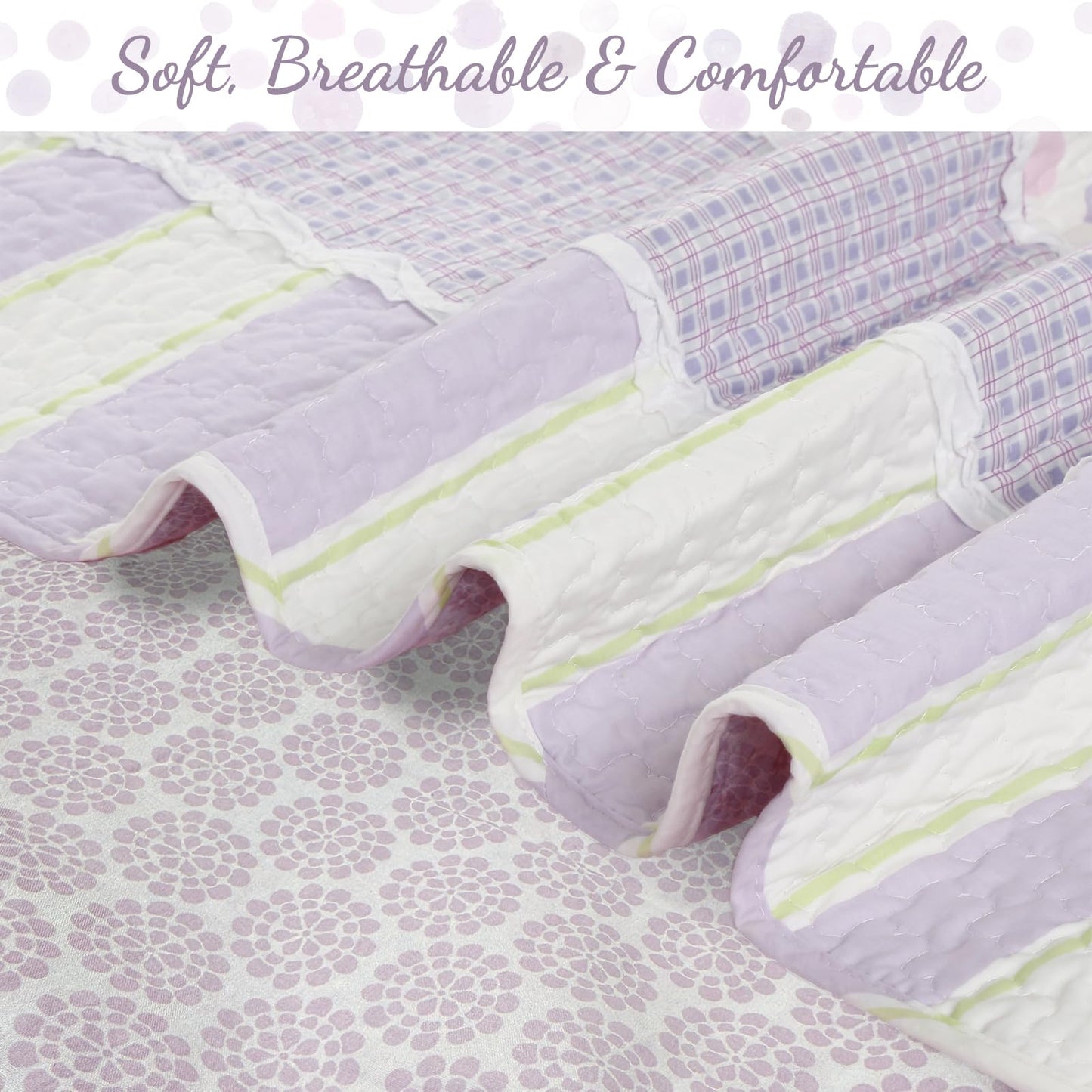 Cozy Line Home Fashions Lavender Green Stripe Dots Girl 100% Cotton Reversible Quilt Bedding Set, All-Season Coverlet Bedspread (Purple Dots, Queen - 3 Piece)