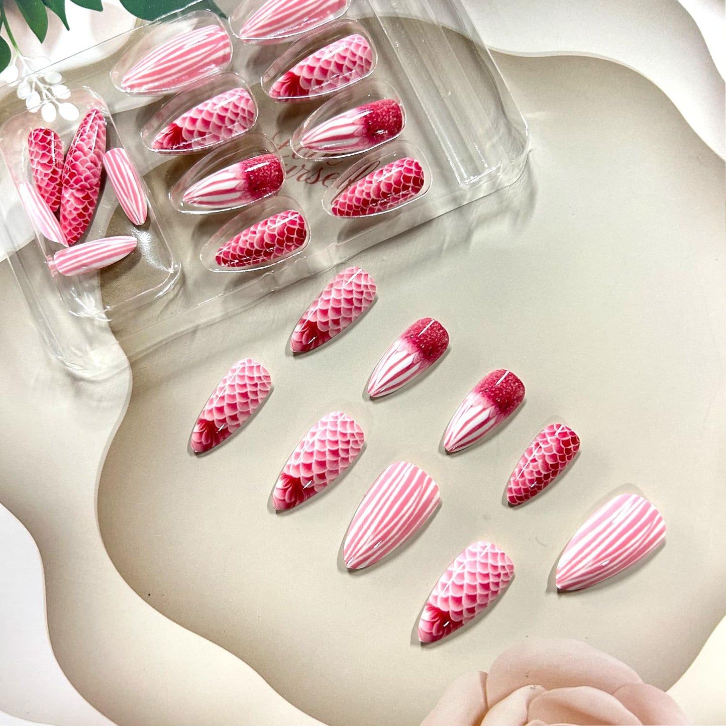 LOPMNGHT Almond Tip Press on Nails Long Length Pink Fish Scales Pattern Design Full Cover Glossy Acrylic False Nail Almond Shaped Stick on Nail 24Pcs Pink French Tip Press Ons Glue on Nails for Women