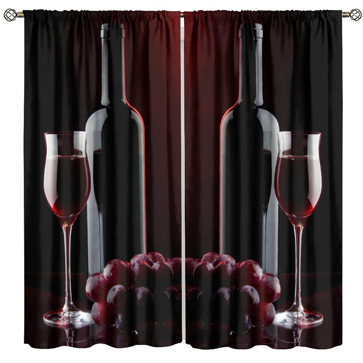 Wine Curtains, Red Wine Bottle Glass Grapes Print, Light Filtering Window Drapes for Kitchen Dining Room Living Room, 20.5" W x 44.5" L, 2 Panels （No Blackout）