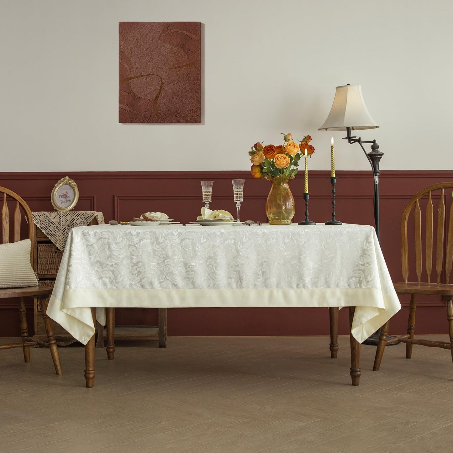 GLORY SEASON Emboss Style Textured Tablecloth Waterproof Solid Bordered Retro Tablecloths Classic Luxurious Washable Rectangle/Oblong Table Cloth,Kitchen Dinning Decor 60x84 Inch