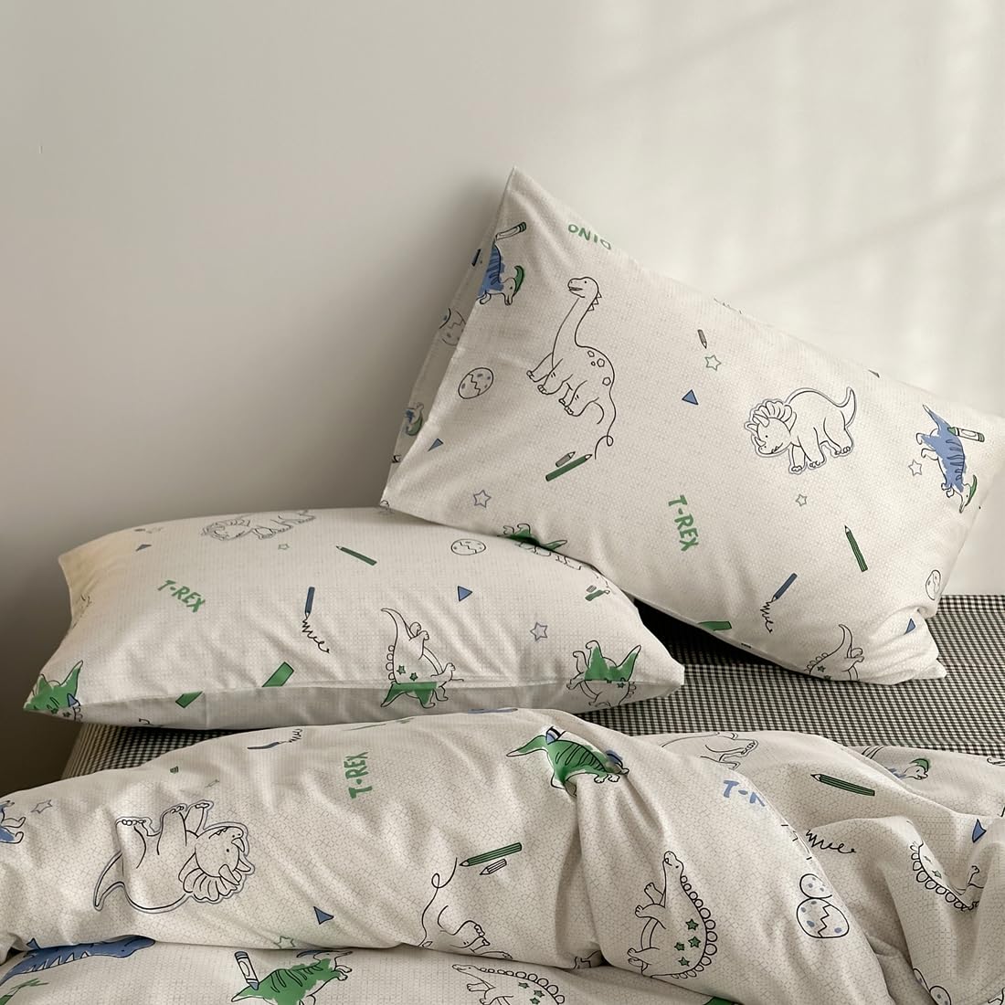 LIWHENHAO Dinosaur Duvet Cover Set Twin 100% Cotton Bedding Cartoon Dino Print on Gray White 1 Kawaii Cute Animal Comforter Cover Zipper Closure 2 Pillowcases for Kids Girls Boys