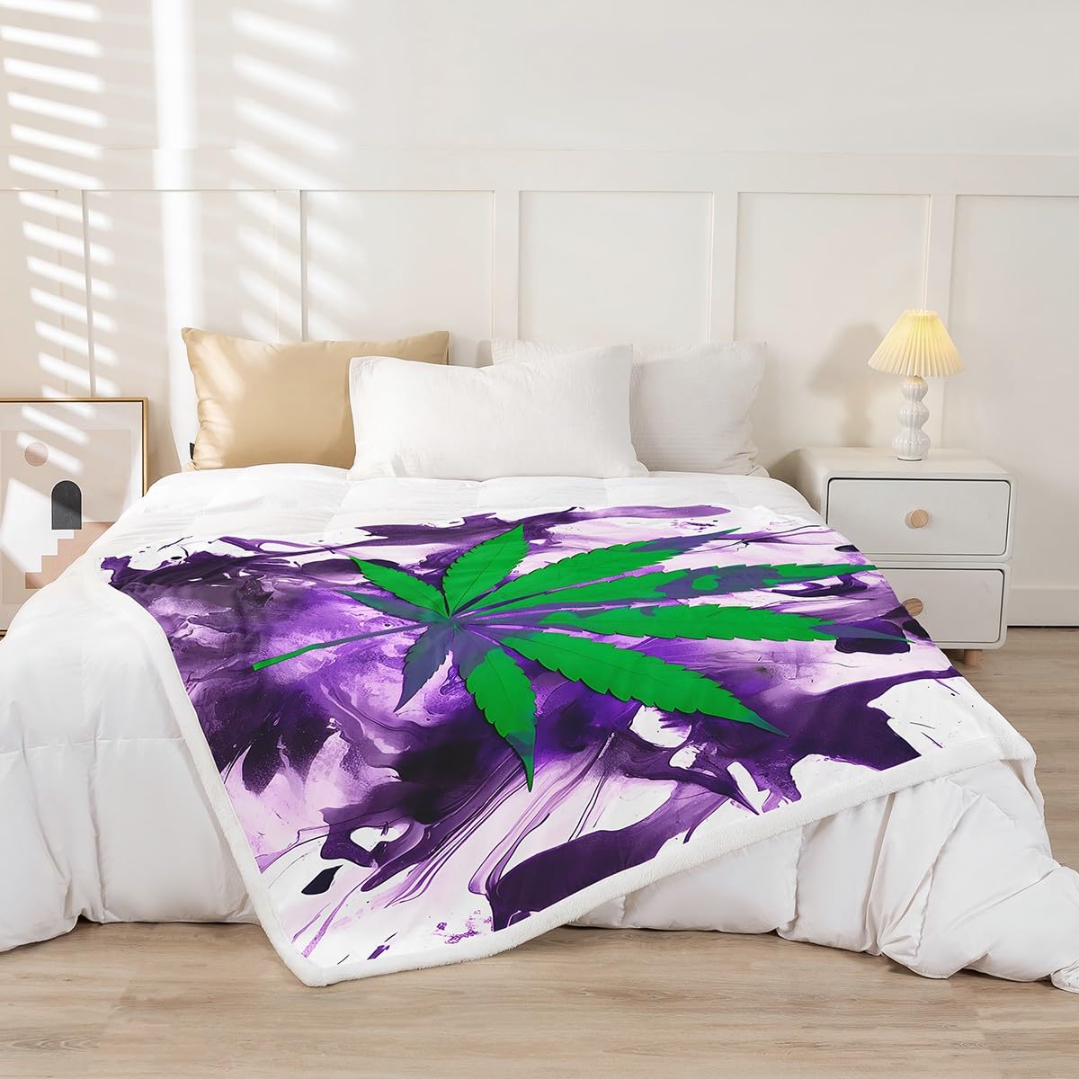 Chic Marijuana Weed Sherpa Fleece Blanket for Bed, Sofa, Couch - Green, Purple Tie Dye - 50"x60"