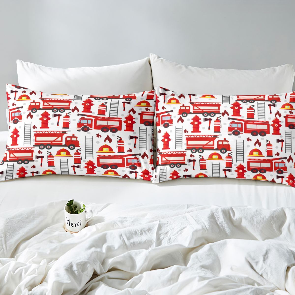Fire Truck Bedding Set for Kids Boys Red Fire Fighting Supplies Pattern Comforter Cover Set Helmet Ladder Fire Extinguisher Fire Hydrant Print Duvet Cover Girls Adult Teens Fire Theme Beddings, King