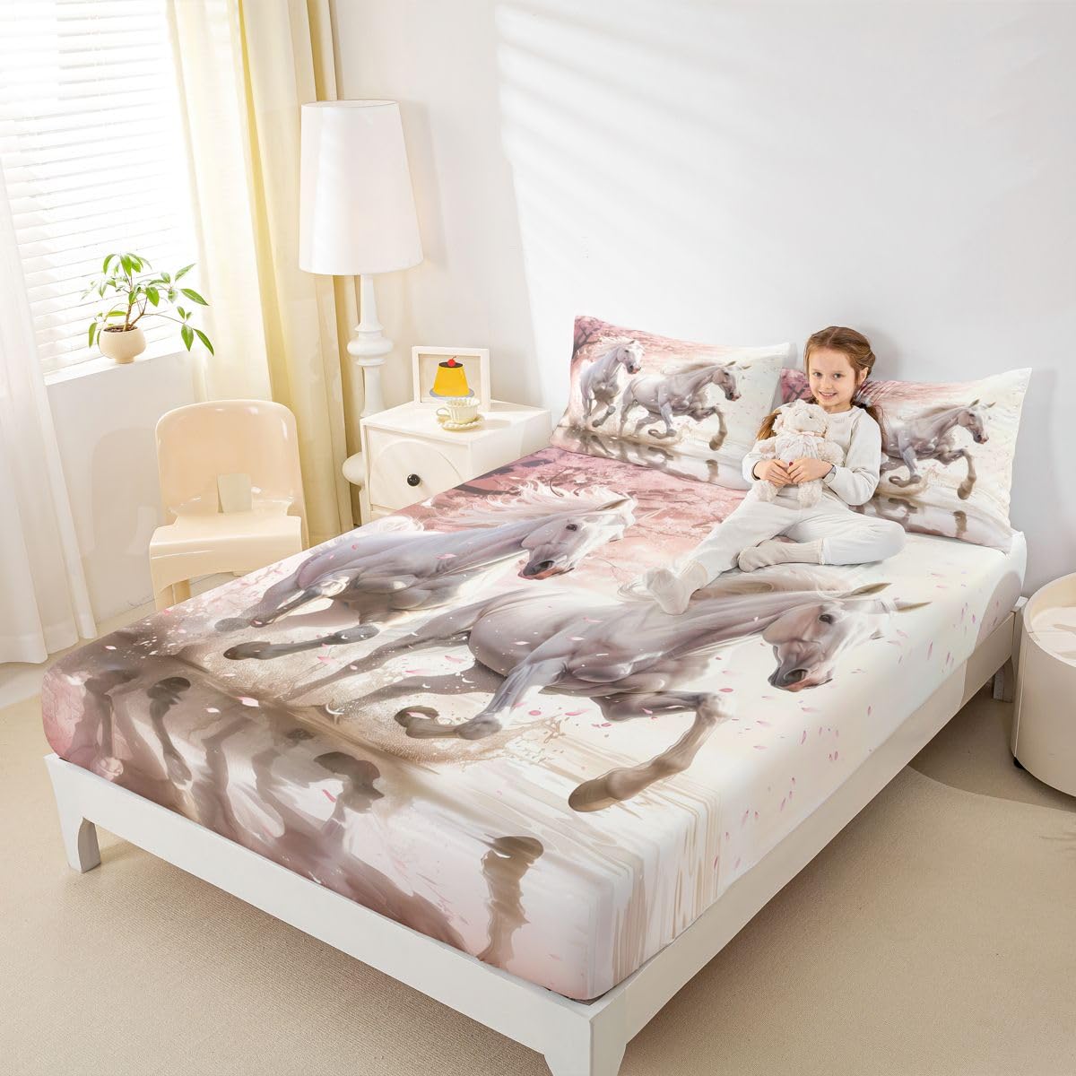 jejeloiu Galloping Horse Bed Sheets Sets Queen Size Kids Boys Girls Horse Bedding Set Cute Animal Decor Bed Sheet Set with 16-Inch Deep Pockets Western Farmhouse 4Pcs with 2 Pillow Cases