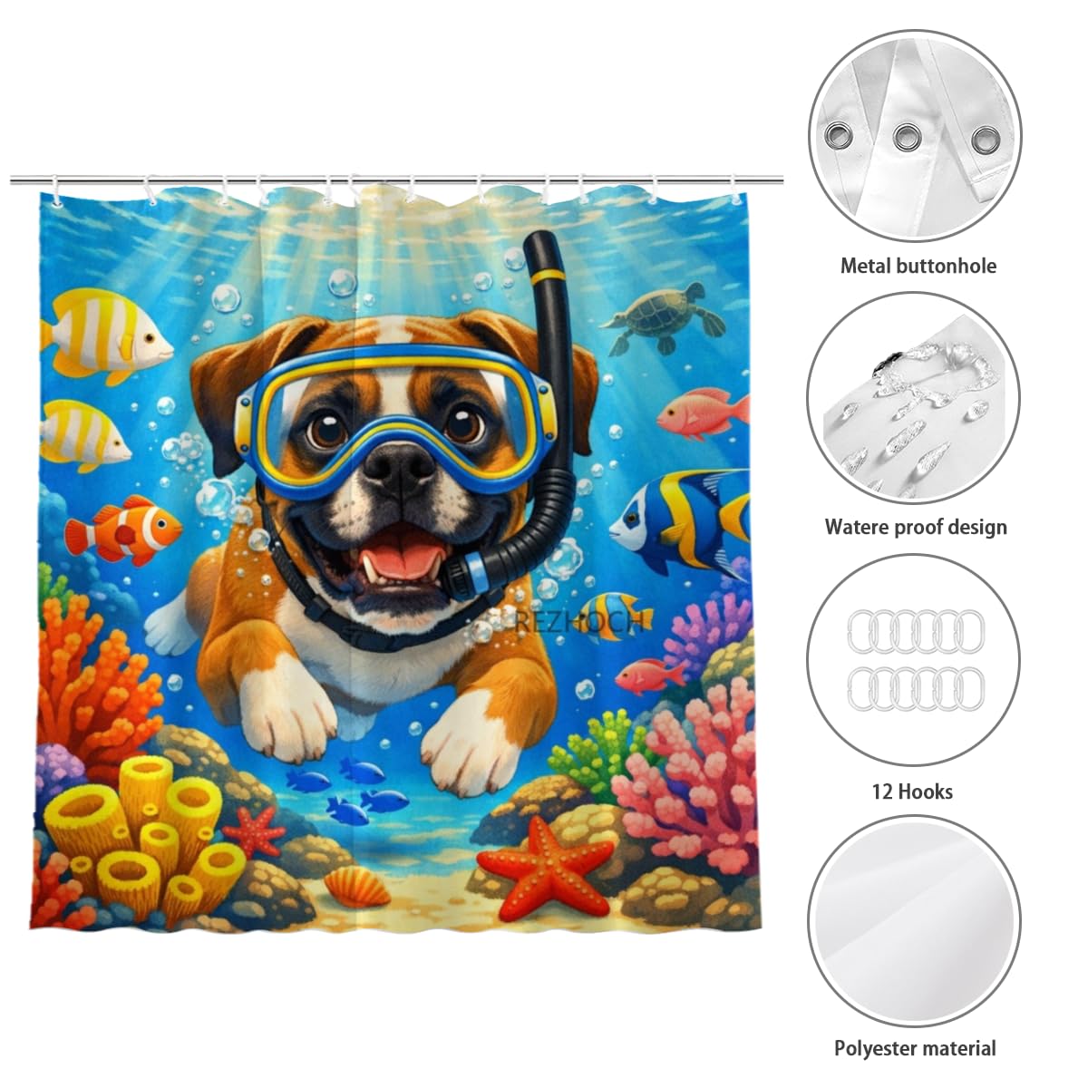 REZHOCH Kids Ocean Shower Curtain 72x72Inch Fun Boxer Snorkeling Underwater Tropical Fish Coral Reef Home Bathroom Decor,Boy Girl Cartoon Animal Coastal Bath Set with Hooks