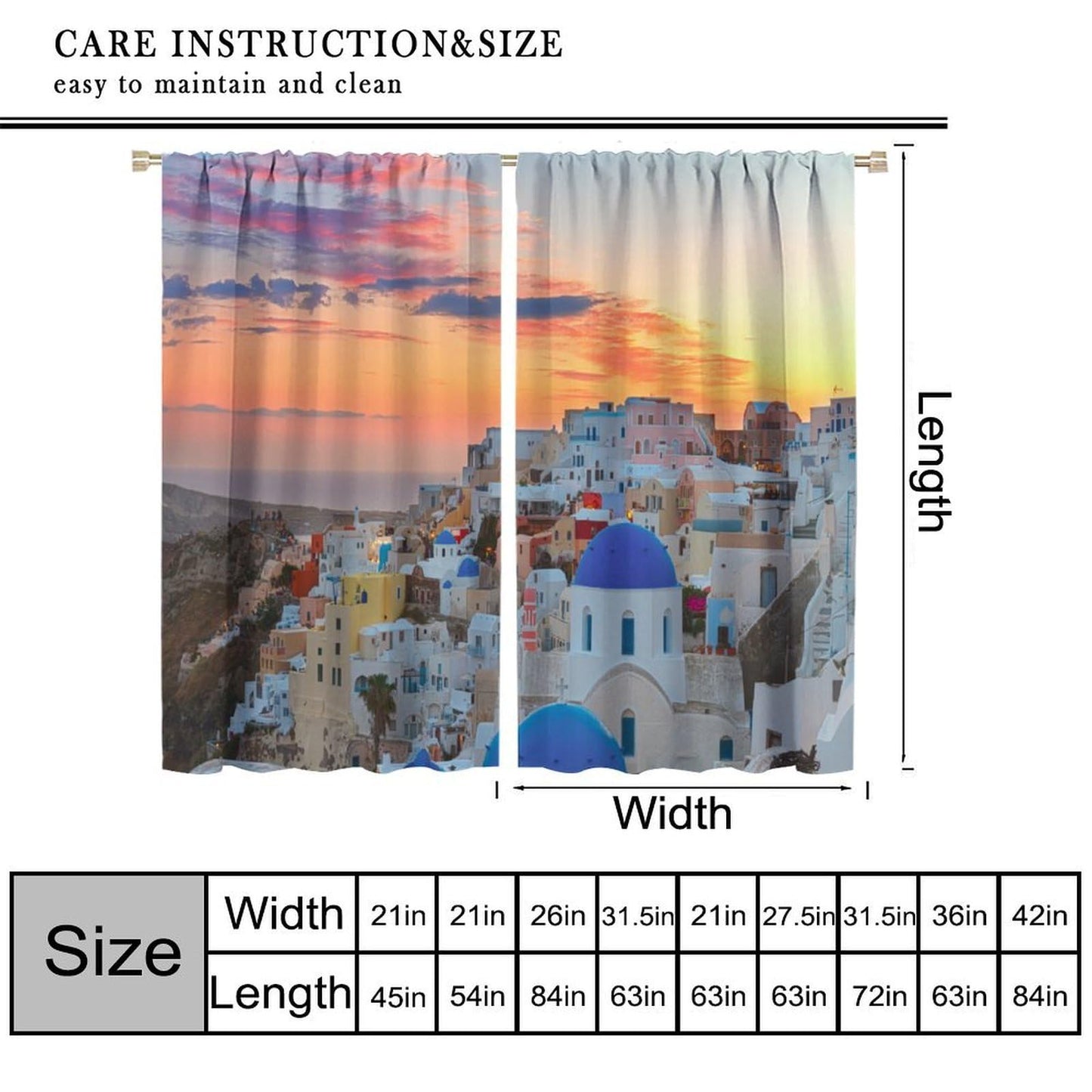 European Island Cityscape Curtains Sunset Traditional Greek Village Church Blue Dome Building Rod Pocket Window Treatments for Bedroom Kitchen Living Dining Apartment Dorms Cafe 42"W X 44.5"L
