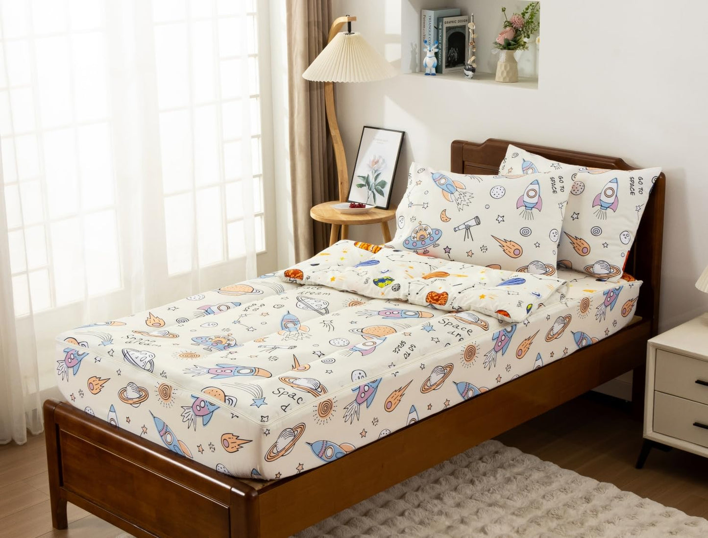 Meeting Story 3pcs Kids Comforter Set Zipper Bedding Set,Twin Space Bedding Set Comforter Set for Kid,All in one Zipper Bedding（Beige,Twin）