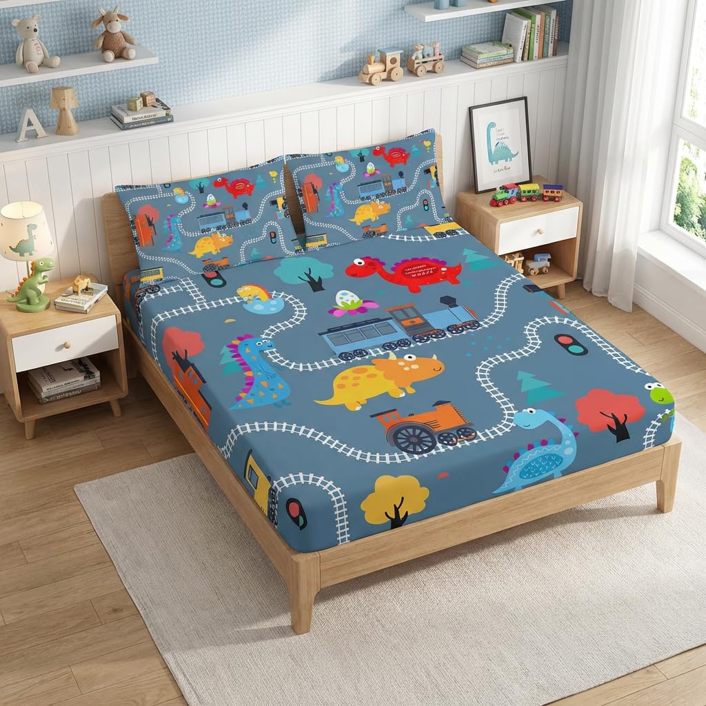 AILONEN Cartoon Train Fitted Sheet Set Twin Size, Railroad Train Printed Bedding Set for Kids,Cute Dinosaur Bed Sheet Set for All Season,3-Pieces,1 Sheet Set with 2 Pillowcases,Soft,Breathable