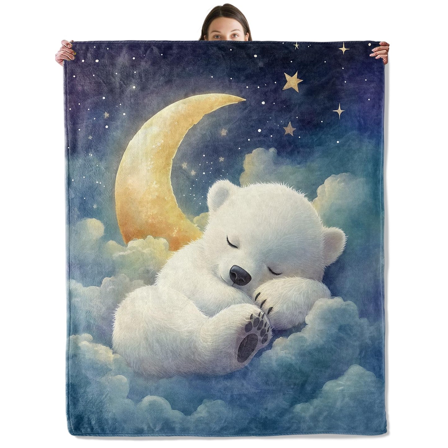 wyxdwh Cute Polar Bear Blanket, Cozy Flannel Bears Sleeping on Clouds with Moon Throw for Couch Outdoor, Plush Soft Lightweight Travel Blankets for Bed Decor and Gifts, for Women Adults Kids 50"x60"