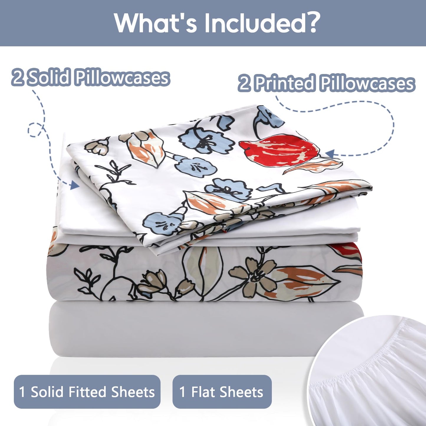 LONAVA Flower Queen Size 6 Pcs Sheet Set, Breathable Microfiber Deep Pocket White Fitted Sheets, Comfy & Breathable Patterned Flat Sheets,4 Gentle Soft Pillowcases, Red Bud