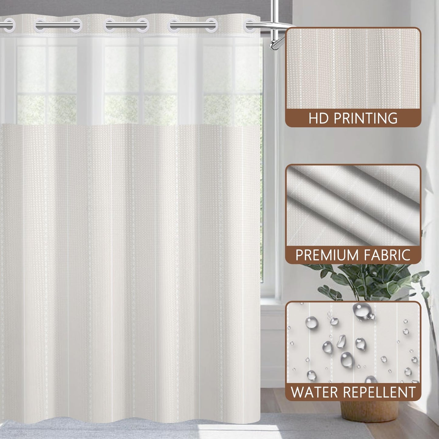 NAEMBCU No Hook Waffle Shower Curtain with Snap-in Liner 71x74 Inch