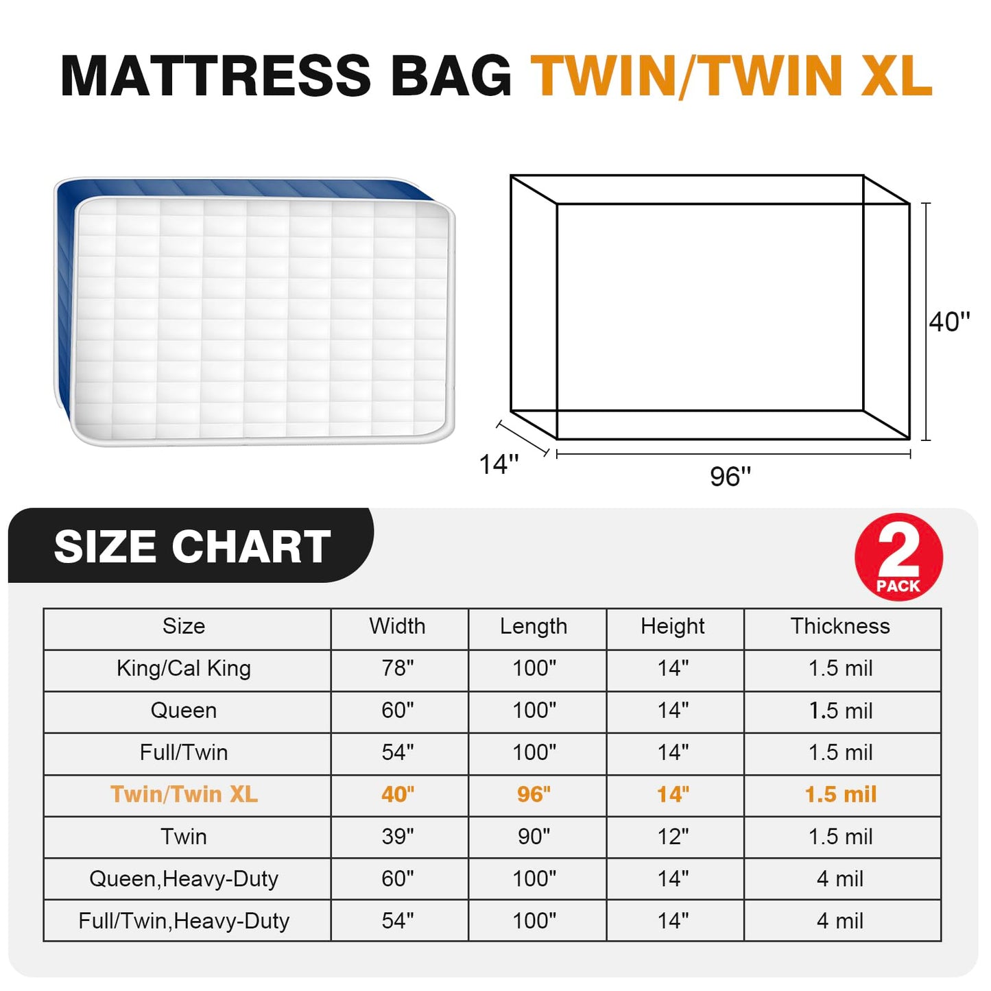 PROWEE 2 PK Twin XL/Twin Mattress Bags for Moving, Waterproof Mattress Cover for Disposal and Storage