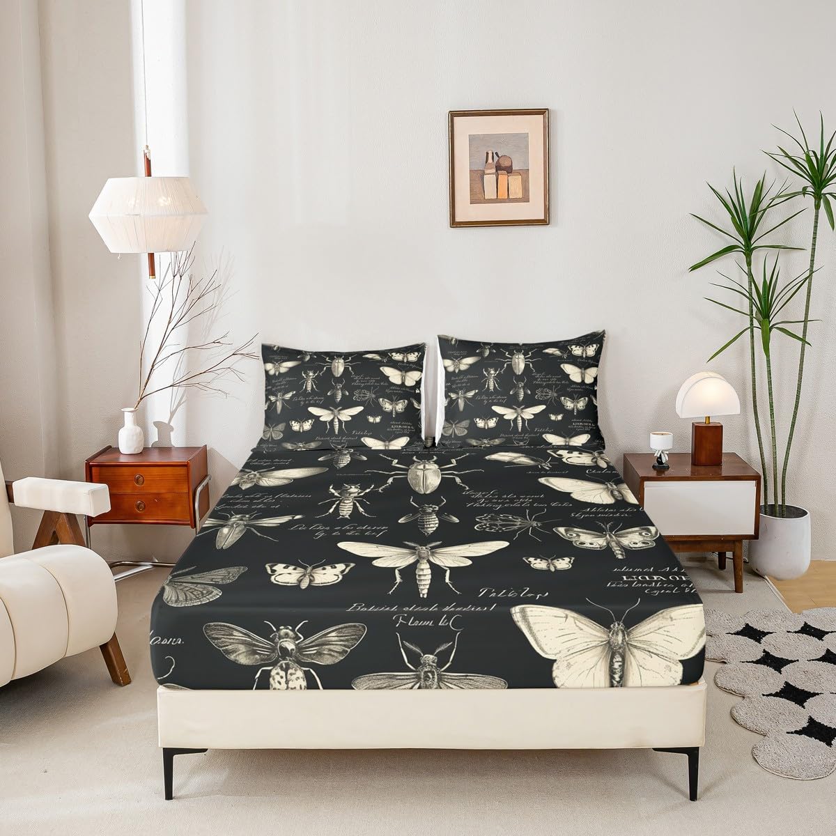 Butterfly Moth Insects Fitted Sheet Full Size,Bug Beetles Entomological Bed Sheet for Kids Boys Teens Men Bedroom Decor,Nature Animal Bedding Set Retro Black Brown Deep Pocket Sheet,2 Pillowcases