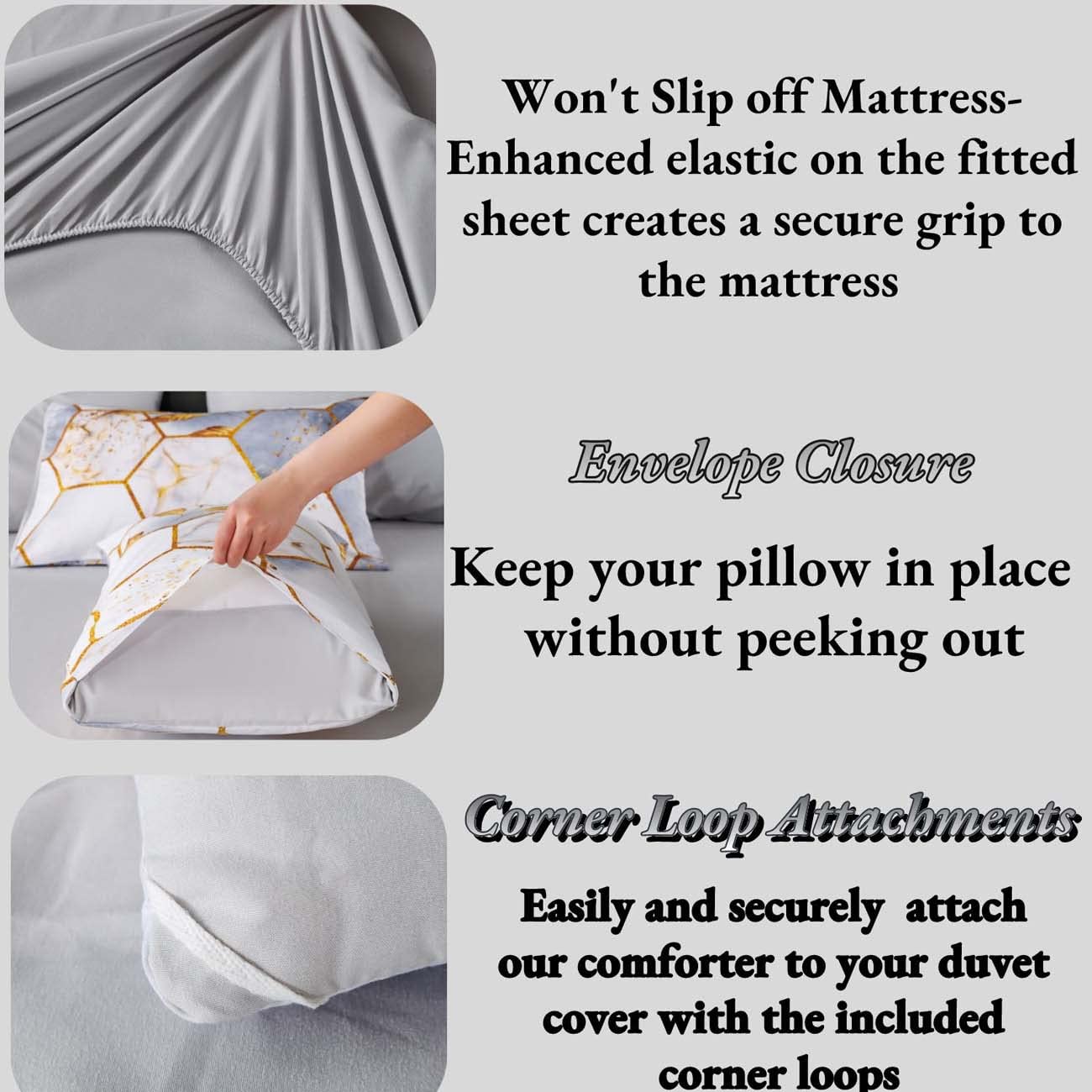 ANGIYUIN 7 Pieces White Gold Comforter Set Full Geometric Foil Print Bed Set Marble Hexagon Bedding Sets Ultra Soft Honeycomb Bed in A Bag for All Season (White Full)