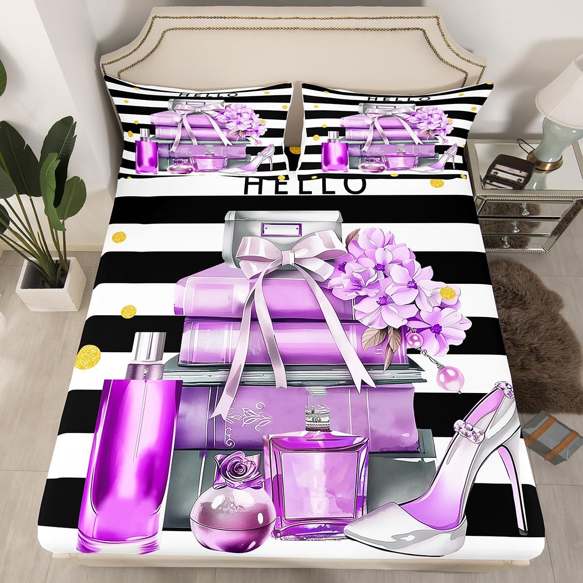 Erosebridal Black and Purple Bed Sheets King Size Fashion Black White Girly Sheets for Girl Women Modern Flower Floral Perfume Striped Sheet Set High Heels Magazine Books Bedding Set