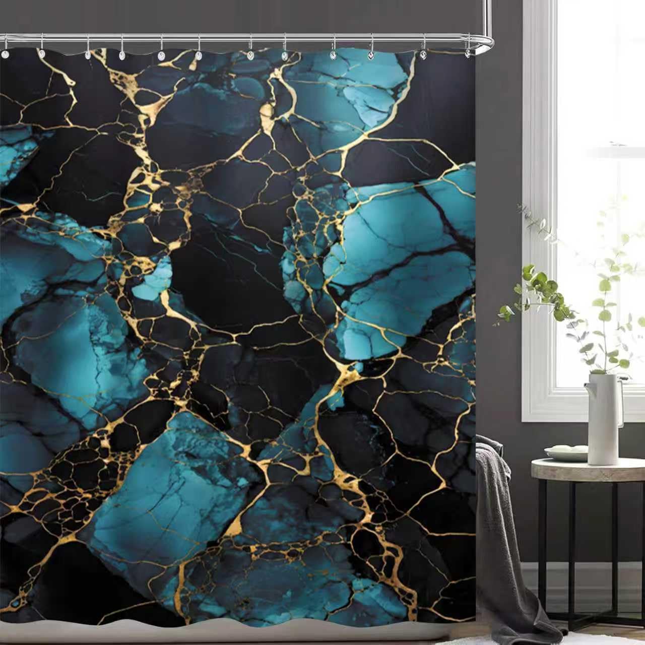 NBVKO 4 Pcs Navy Marble Shower Curtain Sets with Rugs Gold Bathroom Sets with Shower Curtain and Rugs Modern Abstract Bathroom Decor Accessories Shower Curtains for Bathroom Toilet Lid Cover