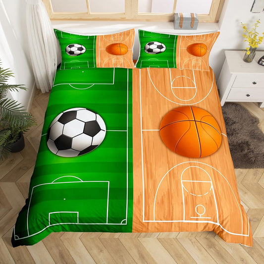 Sports Duvet Cover Set Queen Size, Soccer and Basketball Comforter Cover with 2 Pillowcases, Ball Gaming Bedding Set 3pcs for Kids Boys Teens Bedroom Decor, Lightweight Bedspread Cover,No Comforter