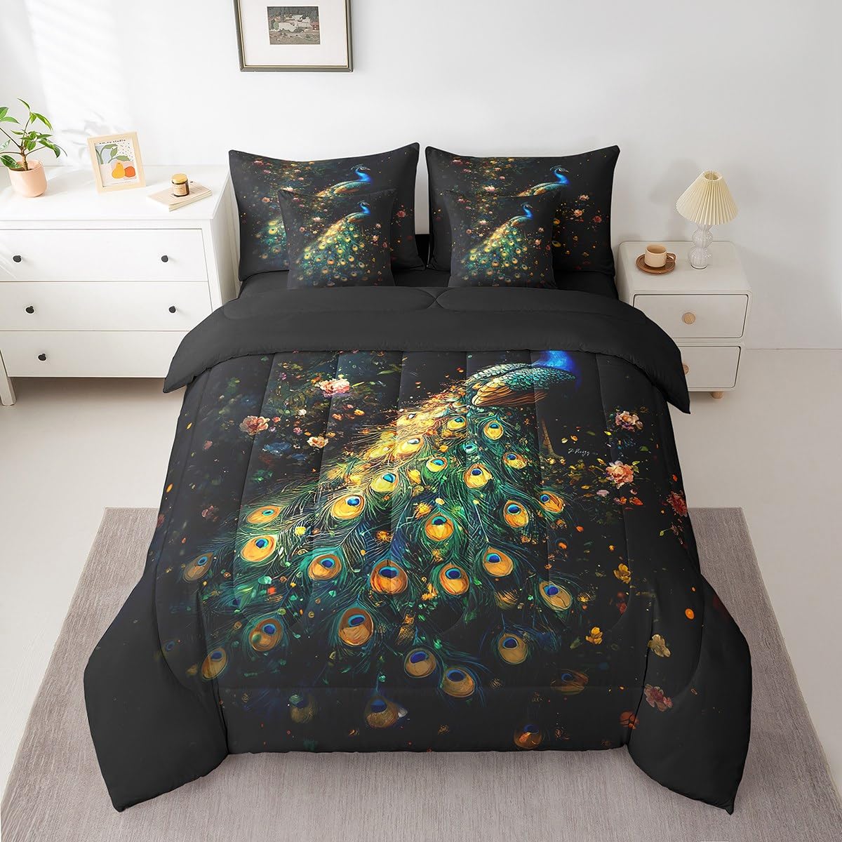 Erosebridal Peacock Comforter Set King Size,Oil Painting Peacock Bird Bedding Set for Kids Teens,Groovy Floral (Comforter+Fitted+Flat Sheet+2 Pillowcases+2 Throw Pillow Covers) 7 Pieces Bed Set