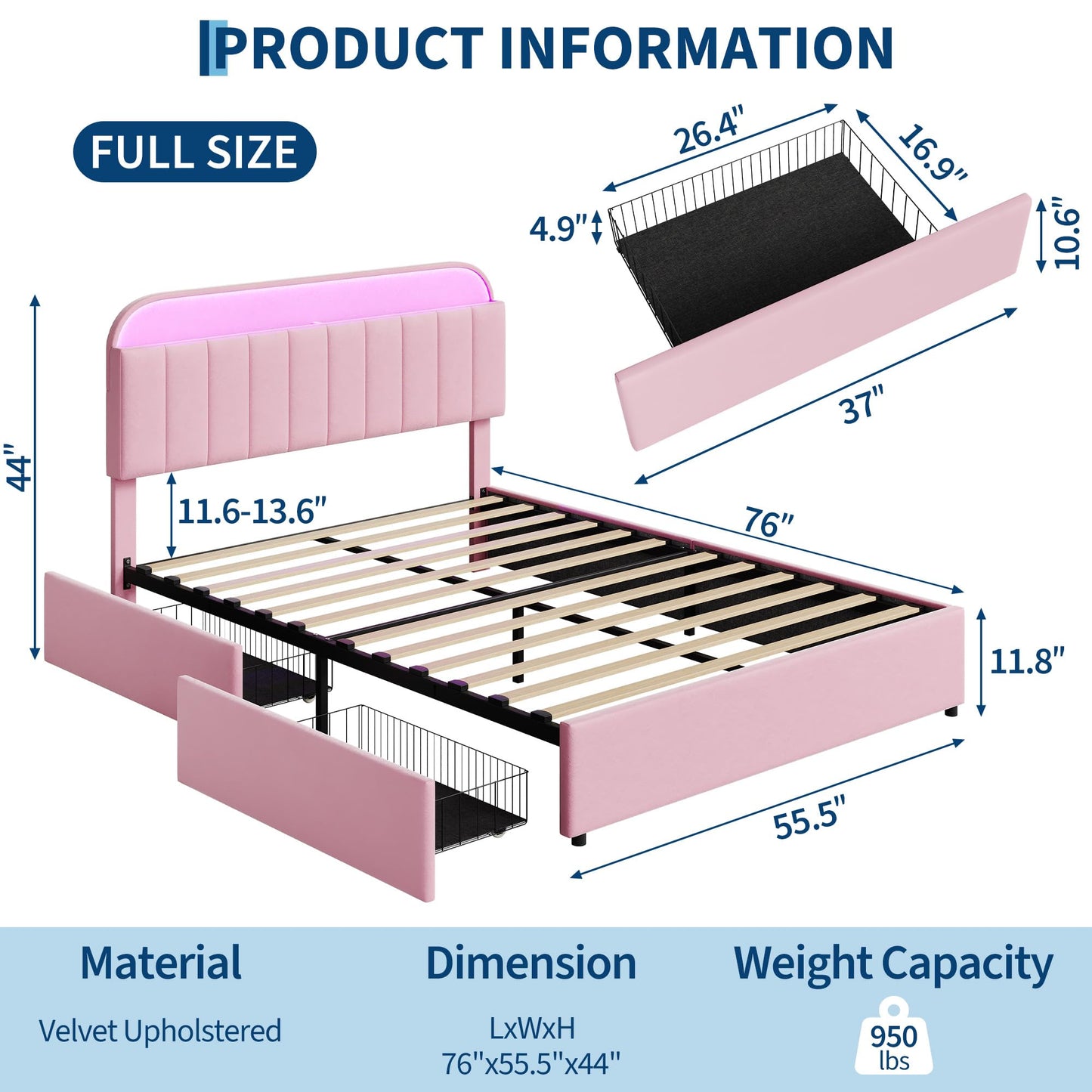 Garvee Full Size Bed Frame with 2 Flexible Drawers, Velvet Upholstered Platform Bed Frame with Bookcase Headboard and LED Lights, Kids Bed for Girls, Easy Assembly, Noise Free, Pink