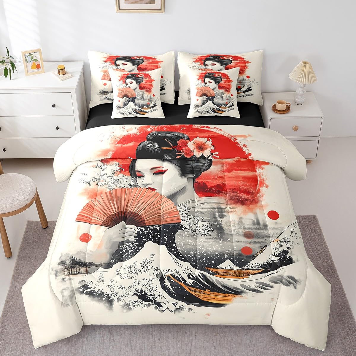 Erosebridal Geisha Female Bedding Set 7Pcs,Japanese Sea Wave Comforter Set Twin for Kids Teens Adults,Traditional Aesthetic Bed in a Bag