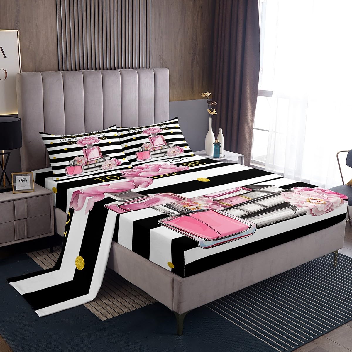 Erosebridal Pink Floral Bed Sheets King Size for Girls Kids Teens Girly Cute Modern Fashion Sheets Boho Black and White Striped Sheet Set Inspiring Women Perfume Preppy Coquette Bow Bedding Set