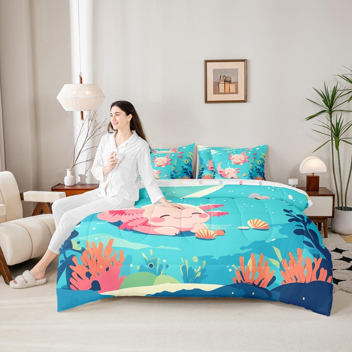 Erosebridal 7 Pieces Kawaii Pink Axolotls Bed in A Bag for Teen Girl - Queen Size Kids Blue Cartoon Ocean Sea Comforter Set with Sheets Girly Cute Animal Bedding Set Axolotls Marine Life Bed Sets